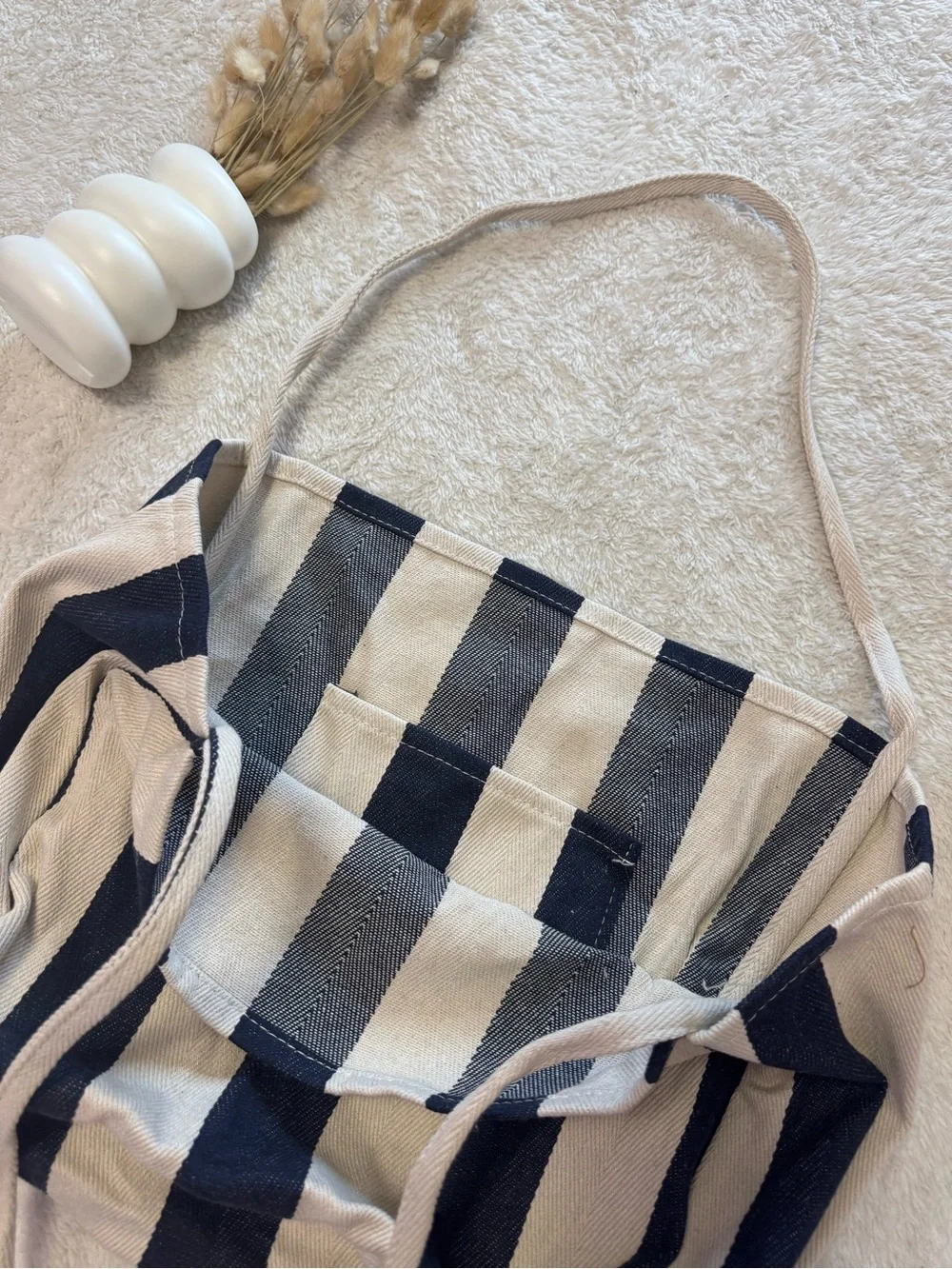 New Navy Blue Striped Canvas Tote Shoulder Bag
